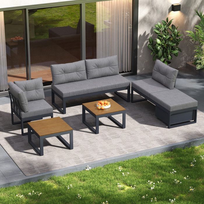 Ensemble de mobilier de jardin extérieurdossier réglable en 3 positionsespace de rangementTissu polyester gris191.5*191.5*79cm