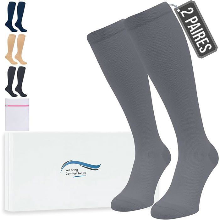 Bas de Contention - 2 Paires Couleur Unie Chaussettes de Compression Femme et Homme - Idéales pour Vols 2Paire-Gris XXL