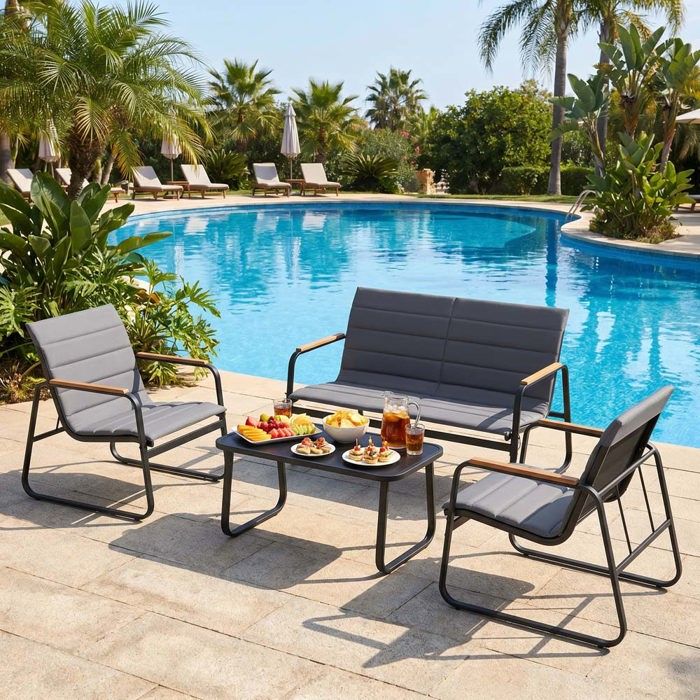 Ensemble table et chaises de jardin - 4 personnes - Coussins amovibles - Plateau en verre - Structure métal robuste