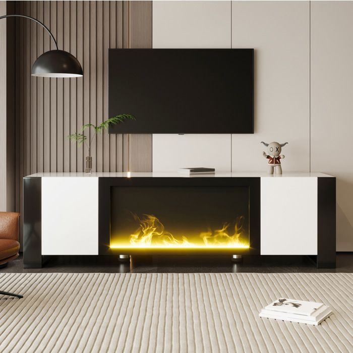 Meuble TV avec cheminée électrique décorative - blanc et noir - finition brillante - 165 cm