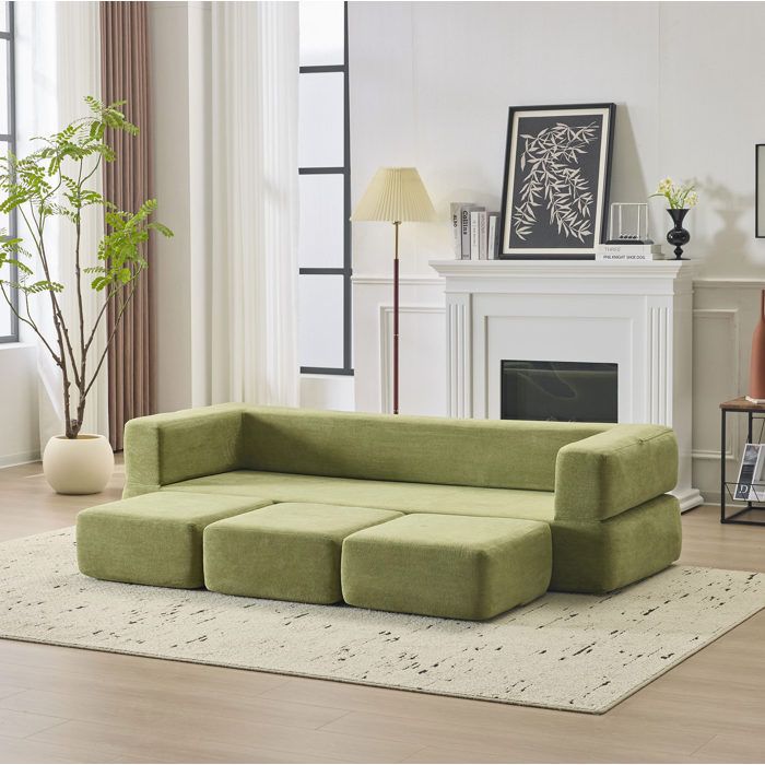 Canapé-lit de sol modulable vert en chenille convertible sans matelas