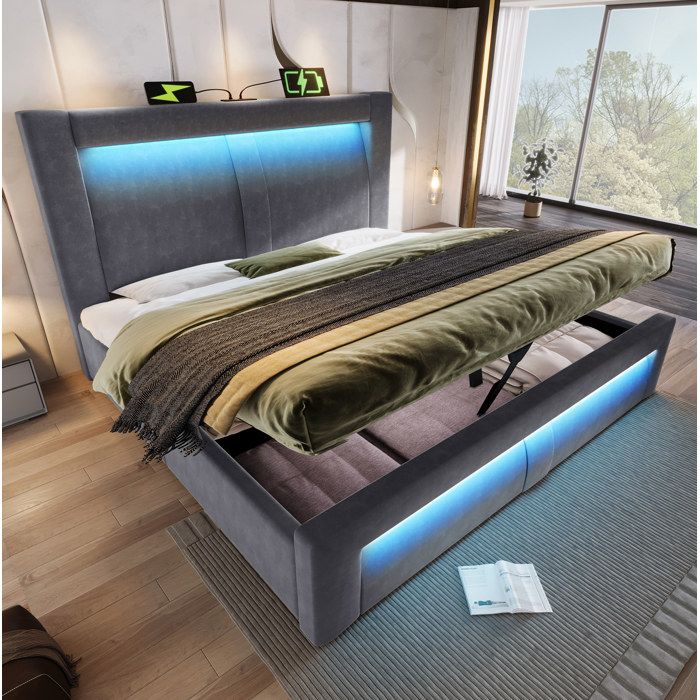 COVREO Lit double 140x200 cm avec coffre hydraulique LED USB et Type-C velours gris matelas inclus