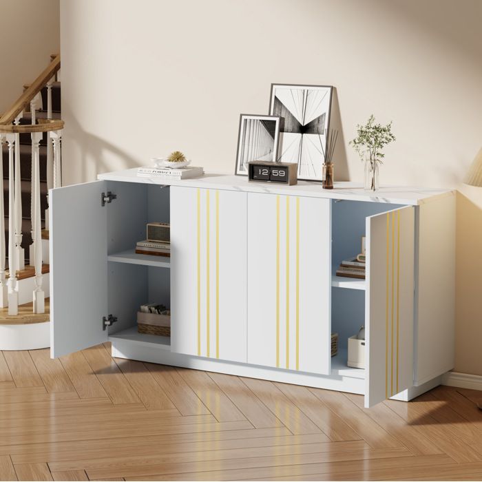 WUVRIE Buffet bas 4 portes 140 x 35 x 70 cm blanc et or étagères réglables panneaux de particules