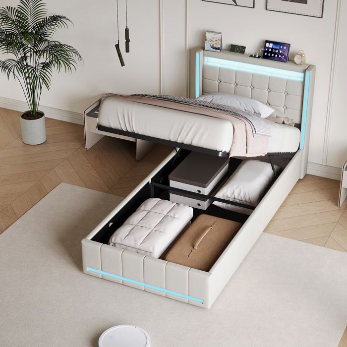 lit coffre lit simple 90 x 200cm Sommier à Lattes avec port USB et LED avec levier hydraulique Chambre moderne beige lin