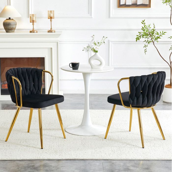 Chaise de Salle a Manger Lot de 2 avec Accoudoirs et Dossier Tresse - ELVMI - Pieds en Metal Velours Noir et Or
