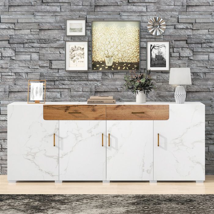 WOVREO Buffet bas 208 x 39 5 x 80 cm avec 4 portes 2 tiroirs blanc effet marbre et façades effet bois