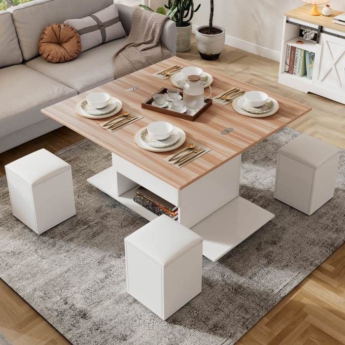 Table basse relevable 3-en-1 avec 4 tabourets coffre 100 x 50 x 48 cm plateau extensible rangement roulettes blanc et bois