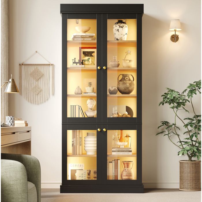 COVREO Vitrine haute 80 x 40 x 180 cm noir avec 4 portes vitrées éclairage LED intégré et étagères aspect bois