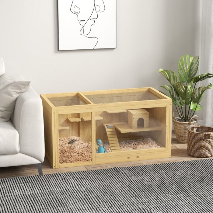 Habitat en bois pour hamster et gerbilles 100 cm maison de jeu avec échelles balançoires cabane et toit ouvrant