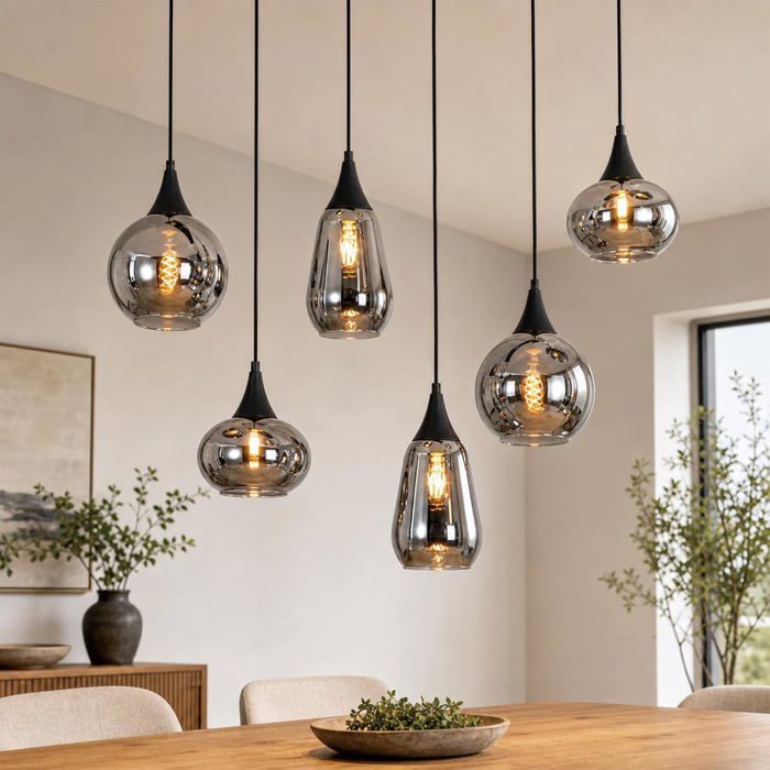 Lustre - NETTLIFE - Rétro 6xE27 - Abat-jours verre gris fumé - Hauteur réglable - 6 lampes