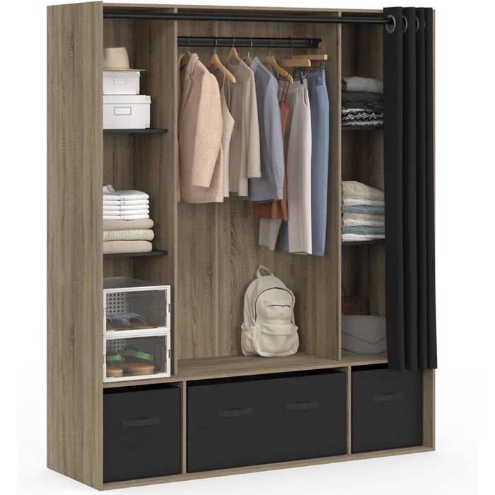 IDMarket Dressing Penderie DIANE 140x45x167 cm Hêtre 6 Étagères Boîtes de Rangement Rideau Noir Bois et Noir