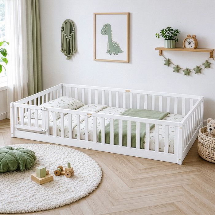 Lit enfant 120x200 cm avec barrière de sécurité et porte – Sommier à lattes inclus – Blanc Lit enfant 120x200 cm avec barrière de sécurité et porte – Sommier à lattes inclus – Blanc
