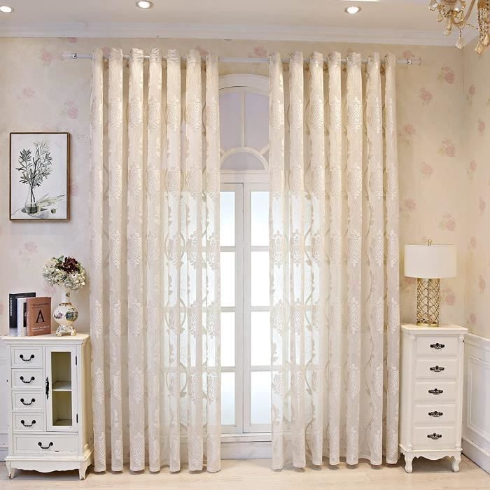 Set De 2 Rideaux Floraux Brodés Blancs Pour Chambre Salon-Salle À