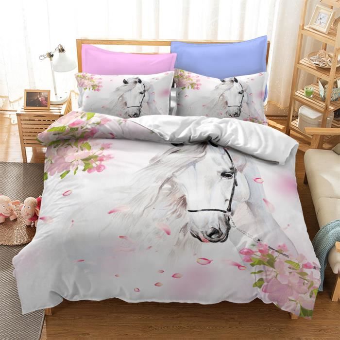 Filles Cheval Parure de Lit 140x200cm pour Enfants Cheval Au Galop Parure Housse de Couette avec 1 taie doreiller 3D Chambre Décor