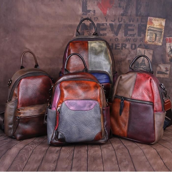 Sac a dos en cuir veritable pour femme Vintage Patchwork Poches fonctionnelles Cdiscount Bagagerie Maroquinerie
