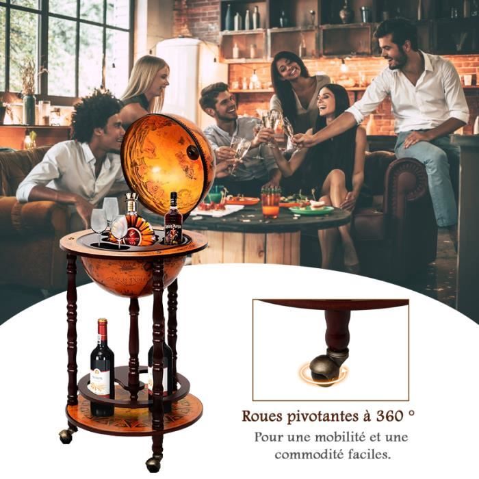Bar Globe Terrestre Vintage Sur Pied En Bois D'Eucalyptus Avec 3 Roulettes - Déco Monde