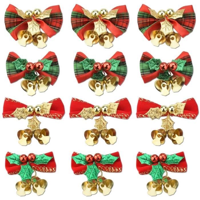 12 Pcs Noeud Cadeau avec Cloches Noeud de Noël avec 4 Motif Bow Déco