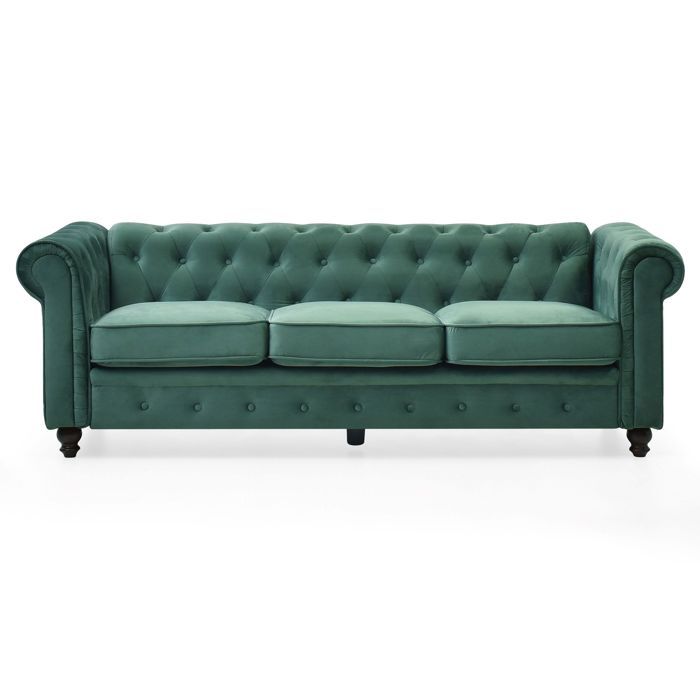 MENZZO Grand canapé 3 places Chesterfield Velours Vert -L203 x P84 x H67 cm