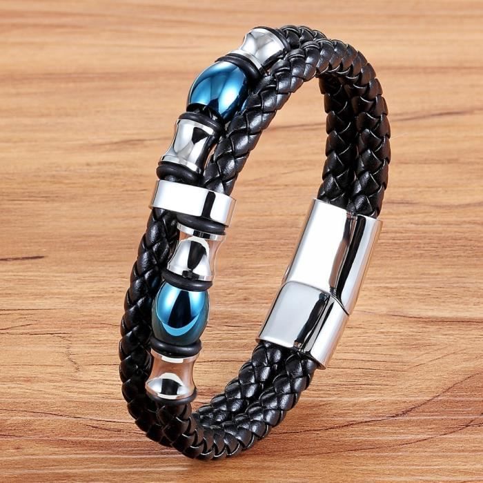 Bracelet Homme Cuir Tressé Et Acier Inoxydable - Style Punk Avec Boucle Magnétique, Look Robuste Et Original