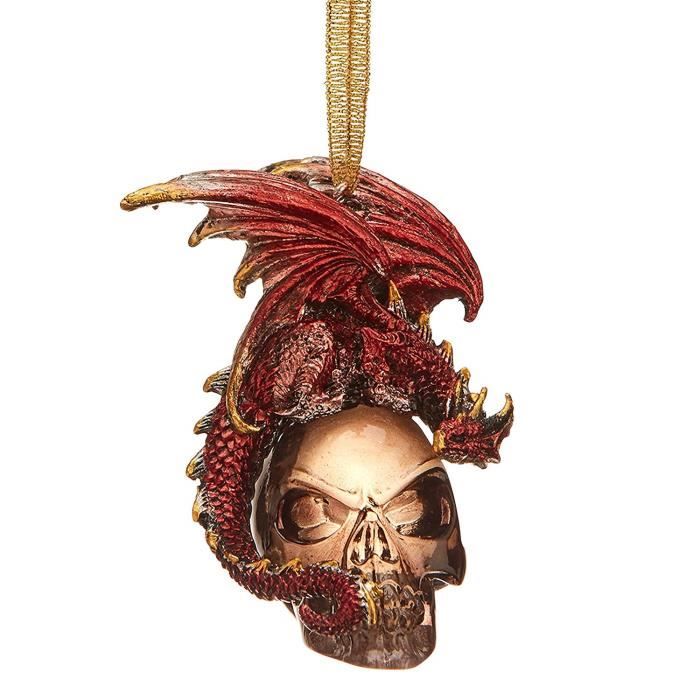 Design Toscano Ornement - Crâne noir charbon et dragon Ornement de vacances: Ensemble de trois - Statue de dragon Crâne décor - QS