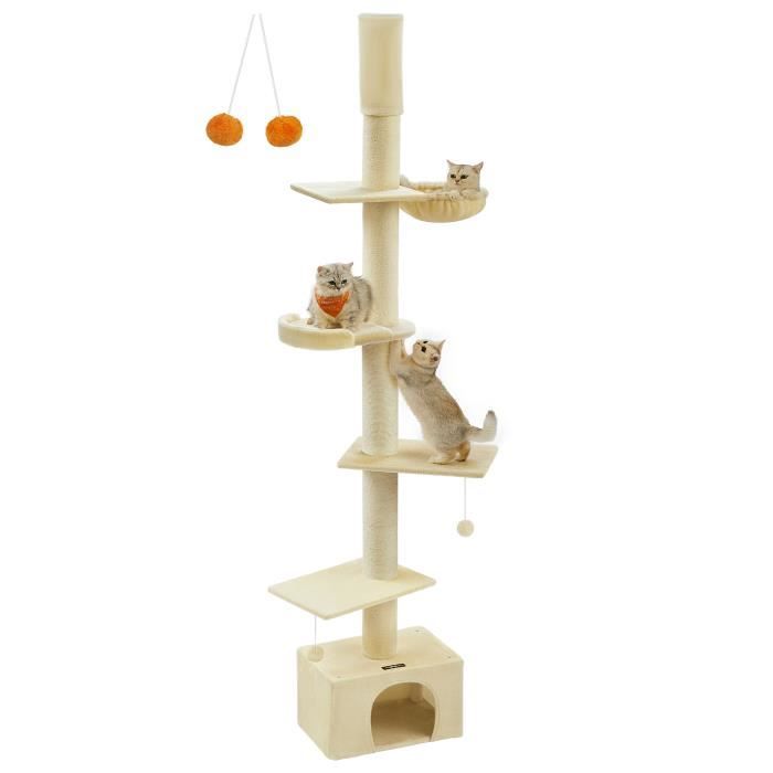 Comparer les prix de Arbre à Chat du Sol au Plafond, Tour pour Chat Réglable en Hauteur 231-291 cm, Griffoirs Épais, Perchoir, Beige
