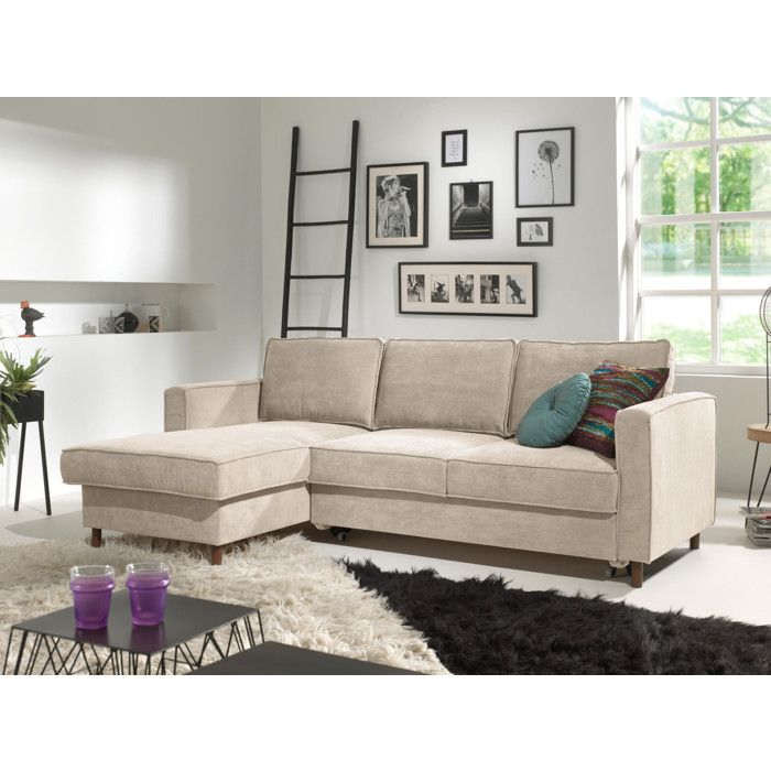 Canap&eacute; d'angle gauche convertible 4 places Velours c&ocirc;tel&eacute; Beige