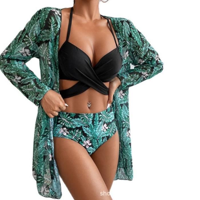 Maillots de Bain 3 pièces pour femme Bikini Folrale Taille Haute-Vert
