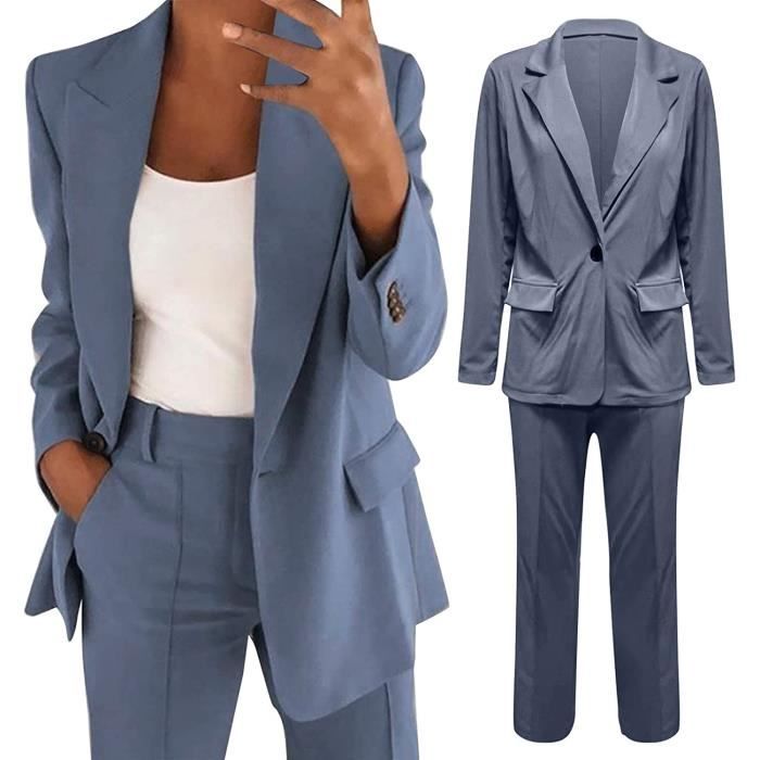Femme ensemble 2 pieces elegant slim sport formel bureau travail pantalon costume revers manteau bleu