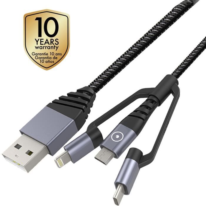 MUVIT TIGER Câble 3En1 USB / Micro USB / Type C / Lightning - 1.2 m - Gris