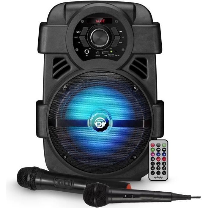 MyDj SONIC 08 à LED - Enceinte Audio SONO DJ Karaoké sur Batterie 400W - USB/BT/ Radio FM/AUX + Micro VHF sans fil + Micro fil