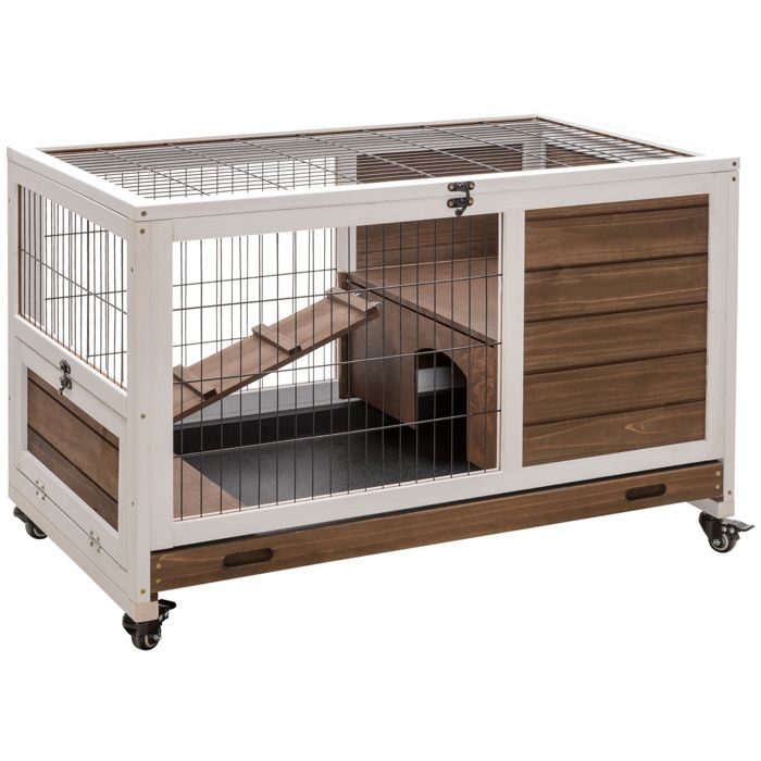 Clapier lapin - PawHut - intérieur toit ouvrant roulettes plateau amovible rampe habitat - bois - 90x53x59cm - marron blanc