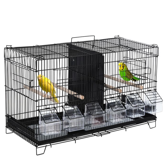 Comparer les prix de PawHut Cage à oiseaux dim. 59,5L x 29,8I x 35,3H cm mangeoires perchoirs 4 portes plateau excrément amovible + poignée transport métal PP noir