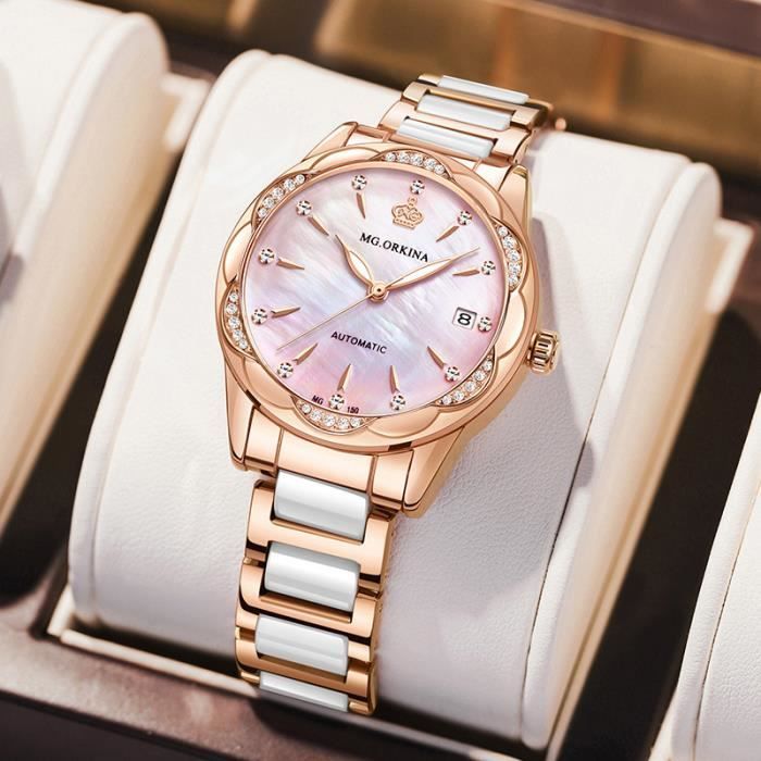 SHARPHY Montre&nbsp;femme automatique mécanique diamants affichage du calendrier bracelet en céramique rose mode haut de gamme luxe