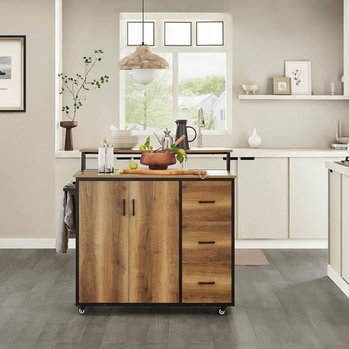 SoBuy Îlot Central de Cuisine avec 3 Tiroirs 2 Portes Porte-Serviettes et Étagère Supplémentaire Buffet 113x69x106 cm