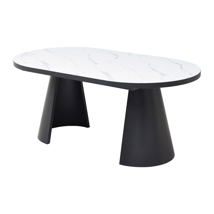 Table à manger extensible 6 à 10 personnes en MDF et métal - Effet marbre blanc et Noir - KORIZEA