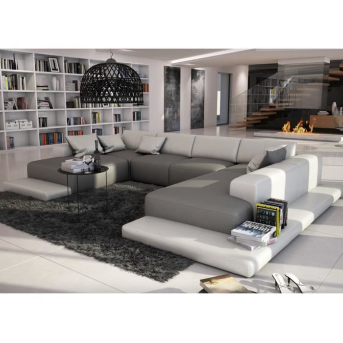 canapé panoramique 7 places en simili scosy - bicolore gris et blanc - design contemporain