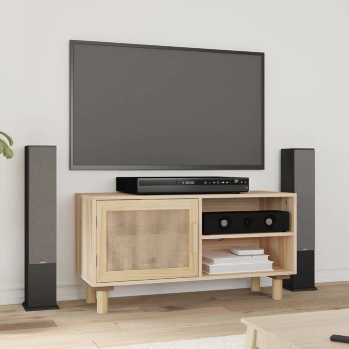 vidaXL Meuble TV Marron 80x30x40cm Bois de pin massif et rotin naturel 345614