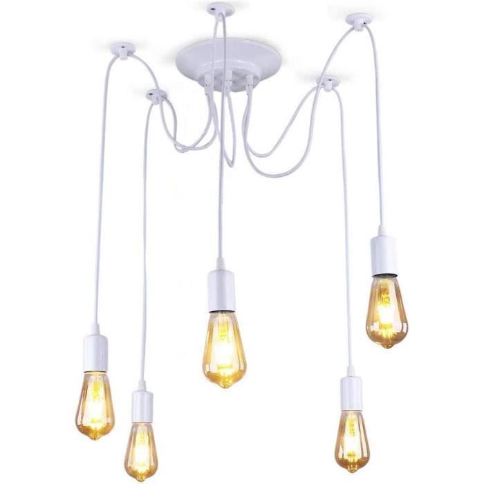 Blanche moderne Lumière daraignée réglable éclairage de plafond industriel Edison lustre E27 (5 bras) Longueur du câble 200 cm
