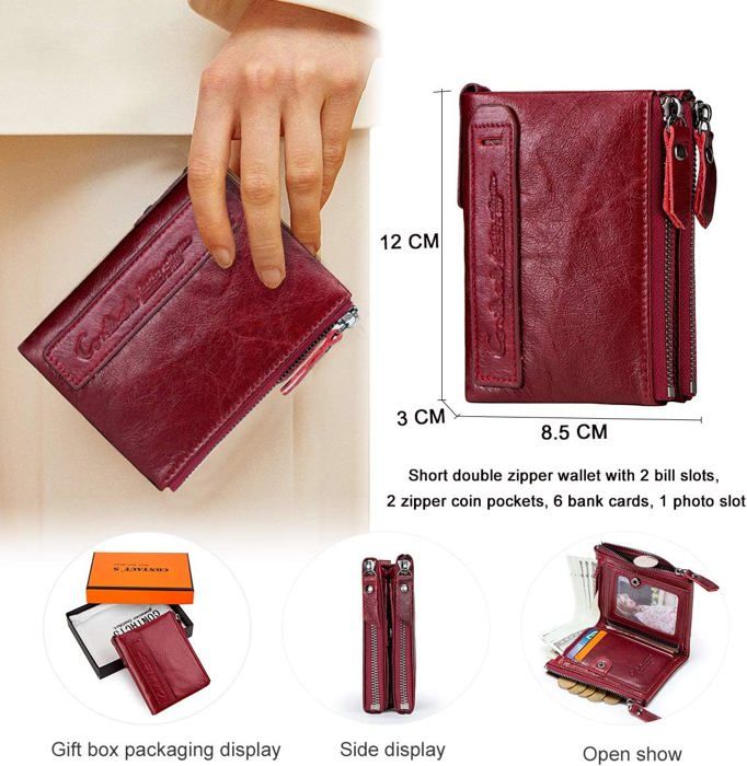 Portefeuille Homme Cuir Véritable Bifold Double Zip – Grande Capacité, Café, Multiples Emplacements Cartes & Billets