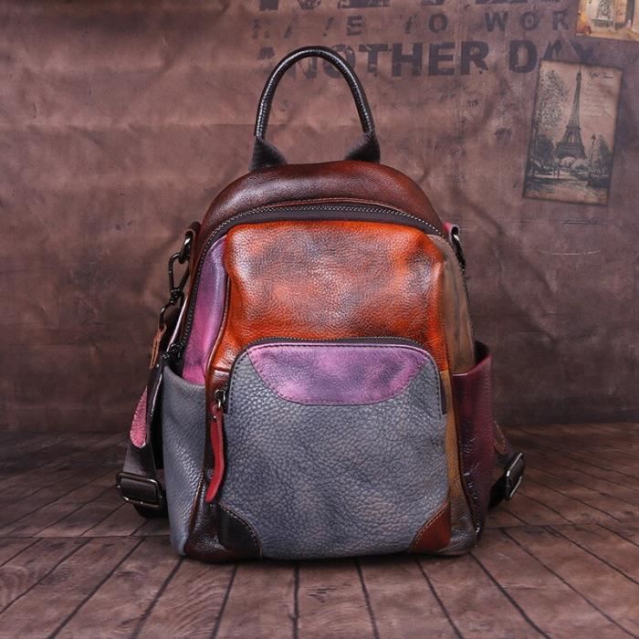 Sac a dos en cuir veritable pour femme Vintage Patchwork Poches fonctionnelles Cdiscount Bagagerie Maroquinerie