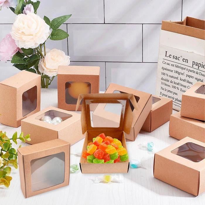 20 Boîtes Cadeaux Kraft Avec Fenêtre - 9.5x9.5x3.5cm | Pour Biscuits, Chocolats, Cosmétiques | Avec Autocollants
