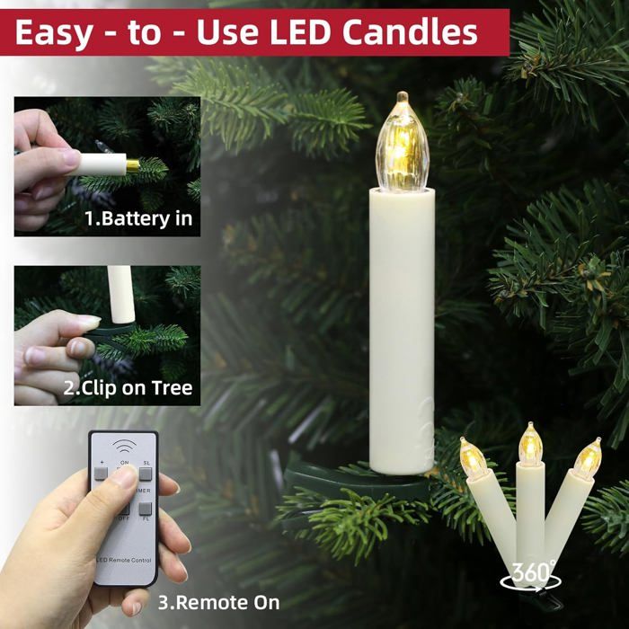 Bougies LED Sapin De Noël Sans Flamme - Avec Guirlande Lumineuse Et Télécommande - Flamme Scintillante Réaliste - Vert