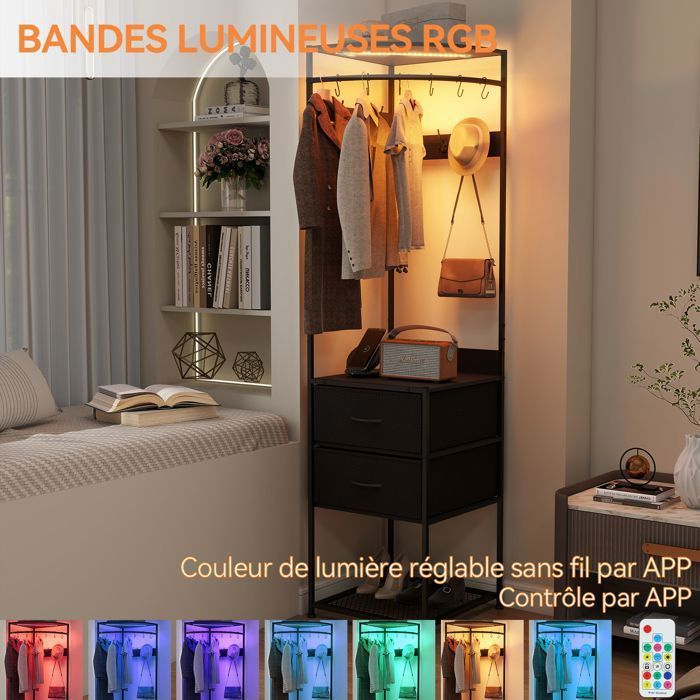 Porte-manteau D'entrée Avec Lumière RGB (58 Couleurs) - 2 Tiroirs, Rangement à Chaussures, 12 Crochets - Métal Et Bois - Pour Couloir, Chambre, Dressing