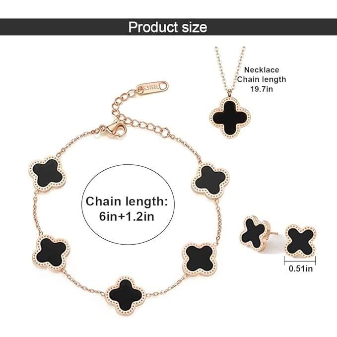 Set De Bijoux Trèfle à 4 Feuilles Pour Femme – Collier, Boucles D'oreilles Et Bracelet En Acier Inoxydable Plaqué Or 18K