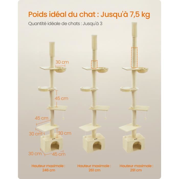 Arbre à Chat Géant Réglable Jusqu’à 3 M – 6 Niveaux, Fixation Plafond – Pour Grands Chats, Intérieur/extérieur