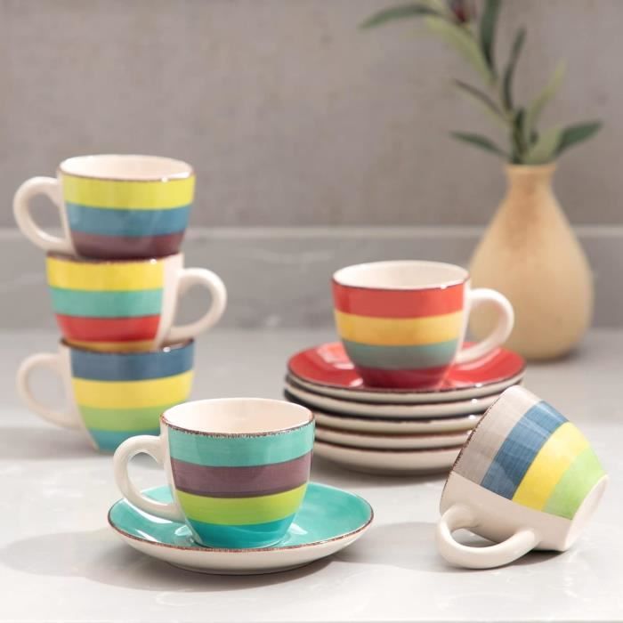 Ensemble 3 Tasses à Café Vintage En Céramique Beige - Avec Soucoupes Et Cuillères - Design Rayé élégant