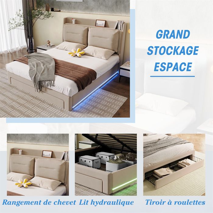 Lit Double 140x190 Avec Sommier Et Rangements - Tiroirs Et Coffre Hydraulique, Tête De Lit LED, Couleur Beige Velours