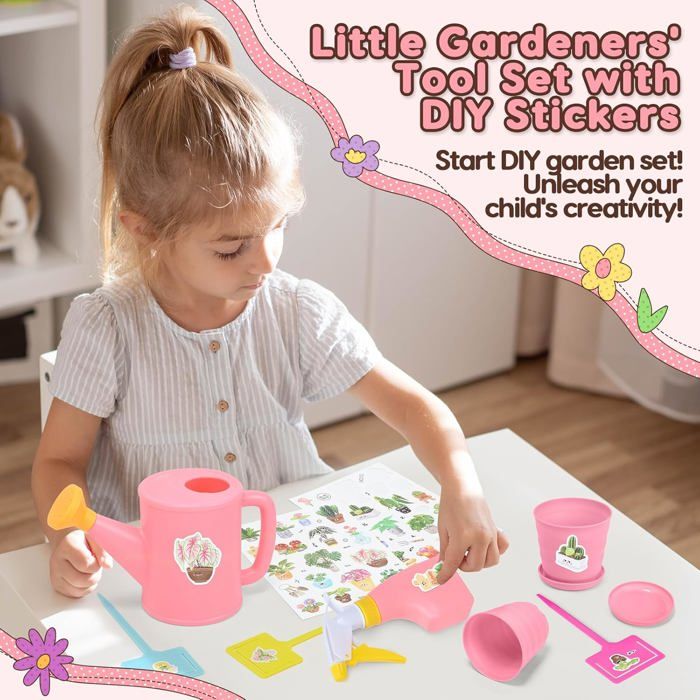 Hadeeka Kit d'outils de jardinage pour enfants 15 pièces – Ensemble complet de jardinage pour enfants avec outils, tablier, gants, arrosoir, pots de fleurs, soucoupes et sac fourre-tout en toile pour