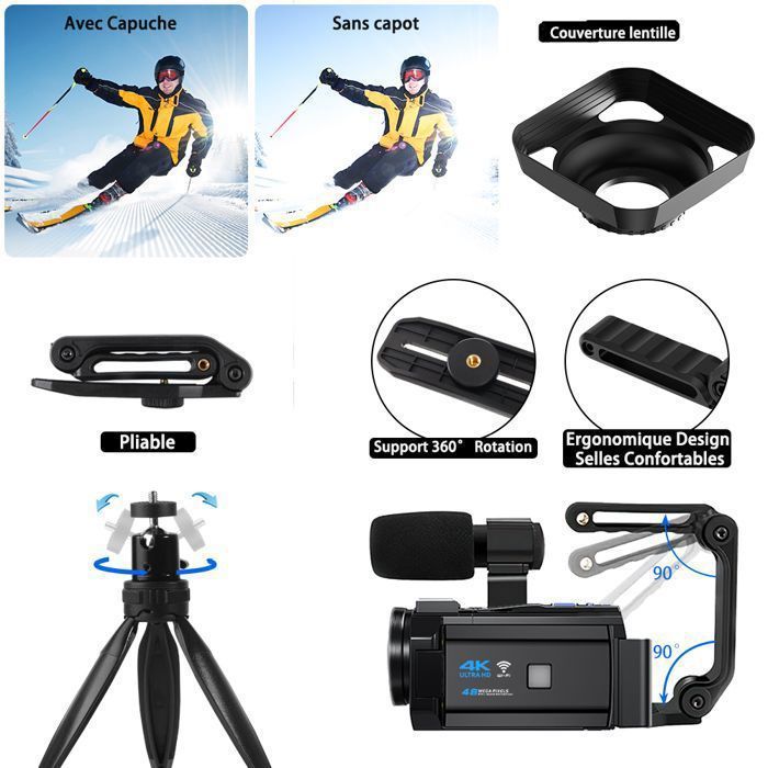 Caméscope 5K 56MP Double Objectif - WiFi, Vision Nocturne, écran Rotatif 270° - Comprend Carte 64Go, Trépied, Micro