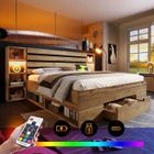 LANGTU Lit 160x200 Lit coffre en bois massif avec éclairage LED, lit double avec tête de lit et tiroirs USB-C, chêne